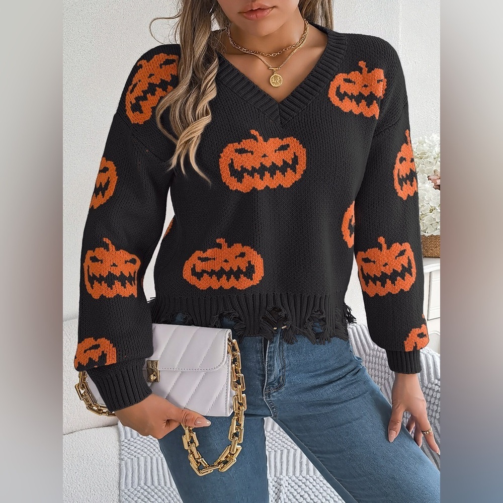 Halloween Pumpkin Pattern Raw Hem V-Neck Sweater